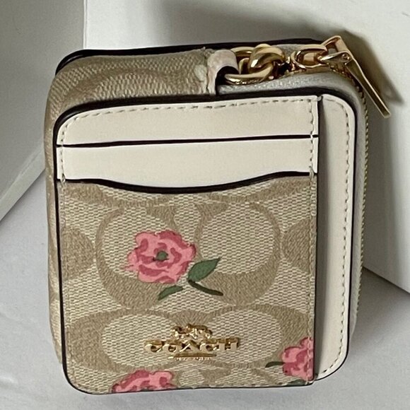 Coach Zip Card Case Pink Floral CR971 ID Wallet Beige Canvas Leather Chain Strap - Picture 3 of 8